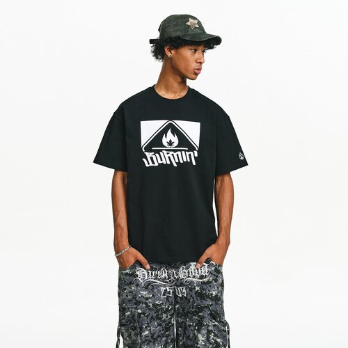 BURNIN*方片小火苗logo情侣宽松夏季短袖t恤潮流半袖休闲百搭