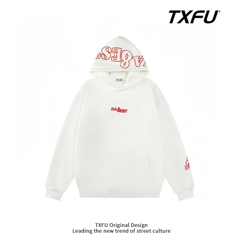 TXFU美式字母小火苗刺绣连帽卫衣男女秋冬百搭宽松设计感情侣外套 - 实物图