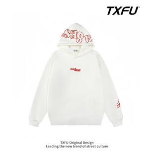 TXFU美式字母小火苗刺绣连帽卫衣男女秋冬百搭宽松设计感情侣外套