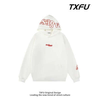 TXFU美式字母小火苗刺绣连帽卫衣男女秋冬百搭宽松设计感情侣外套