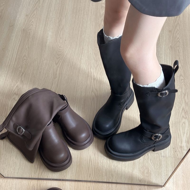 美拉德不过膝长靴女2025秋冬季新款复古厚底显瘦长筒靴子