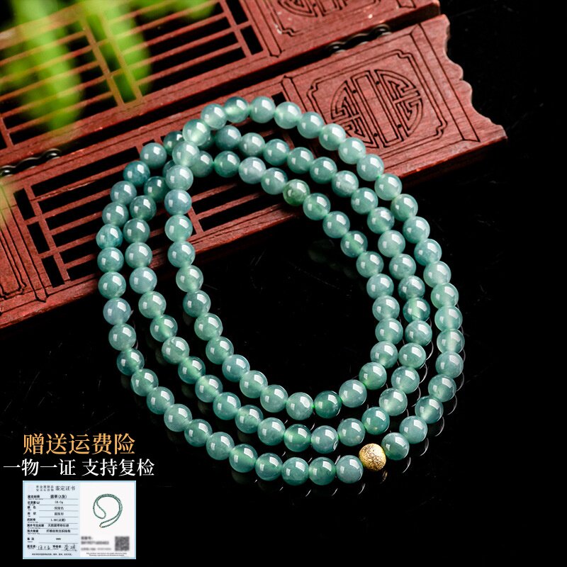 天然A货翡翠蓝水玉珠项链三圈手链冰糯种玉石佛珠女款  假一赔十