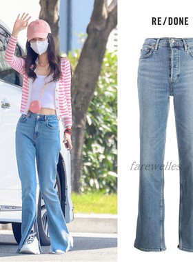 春季新款 Re Done浅蓝色高腰显瘦水洗侧开叉阔腿喇叭裤牛仔长裤女