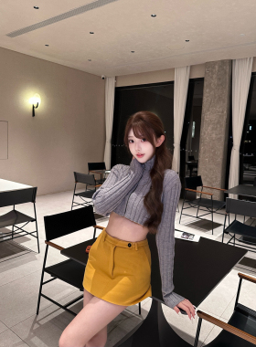 【高品质实拍yb】灰色短款拉链长袖针织衫黄色半身短裙套装两件套