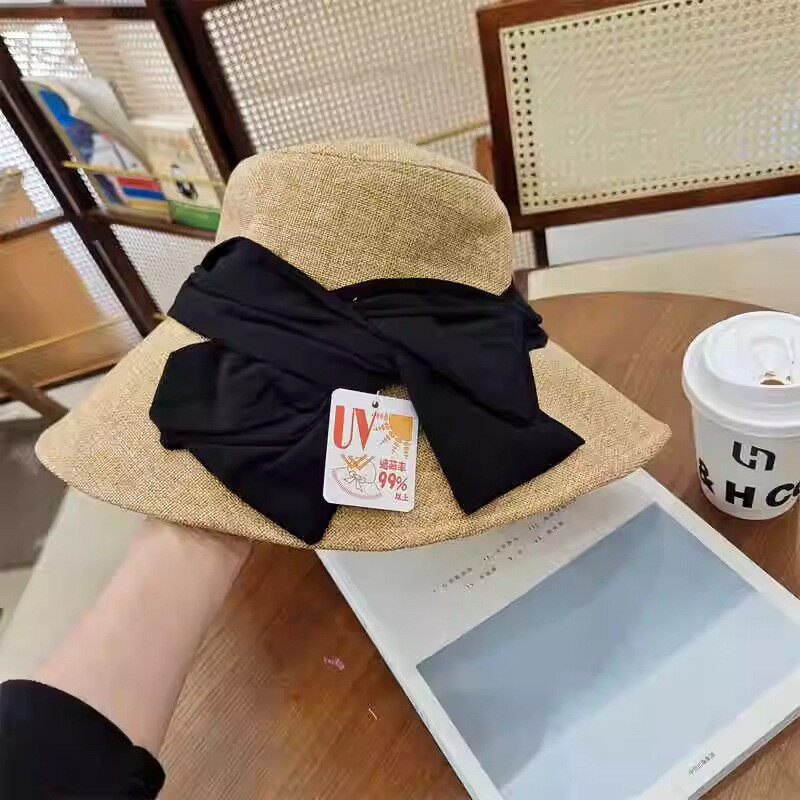 日本RX大帽檐黑色蝴蝶结春夏渔夫帽日系棉麻百搭帽子女防晒遮阳帽