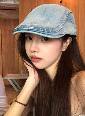RX日本复古做旧牛仔贝雷帽女休闲日系前进帽百搭鸭舌帽画家帽潮