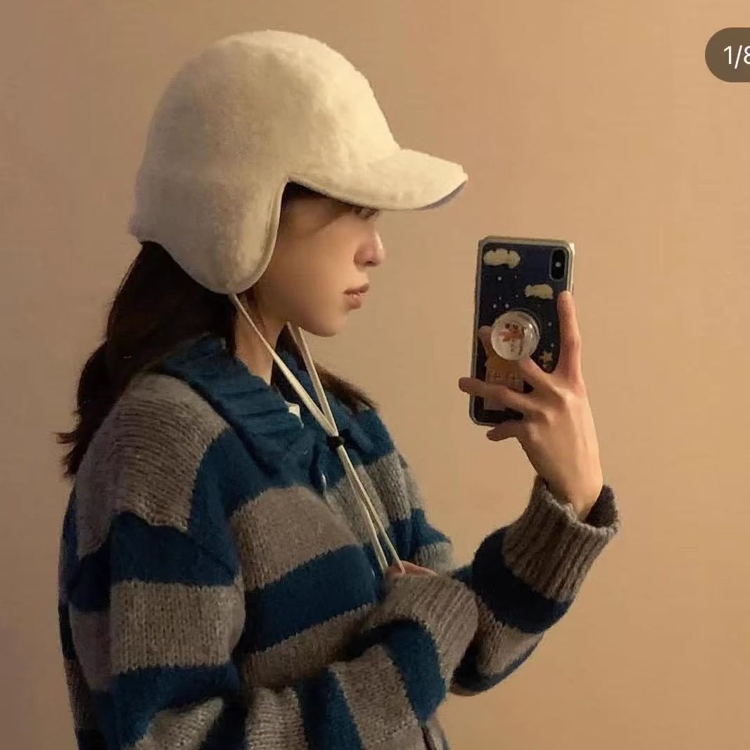 日本RX冬天网红ins纯色羊羔毛加绒护耳保暖雷锋帽子女简约飞行帽