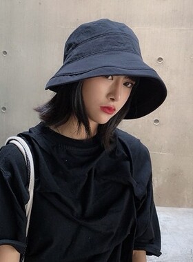 日本新款春夏遮阳渔夫帽女纯色布帽可折叠防晒度假休闲帽子盆帽