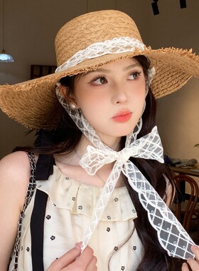 日本RX春夏蕾丝系带法式草帽子女沙滩度假大檐防晒遮阳防紫外线帽