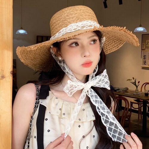 日本RX春夏蕾丝系带法式草帽子女沙滩度假大檐防晒遮阳防紫外线帽