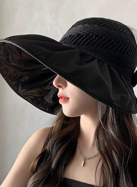 日本RX镂空黑胶空顶帽子女扎马尾防晒折叠蝴蝶结大帽檐度假遮阳帽