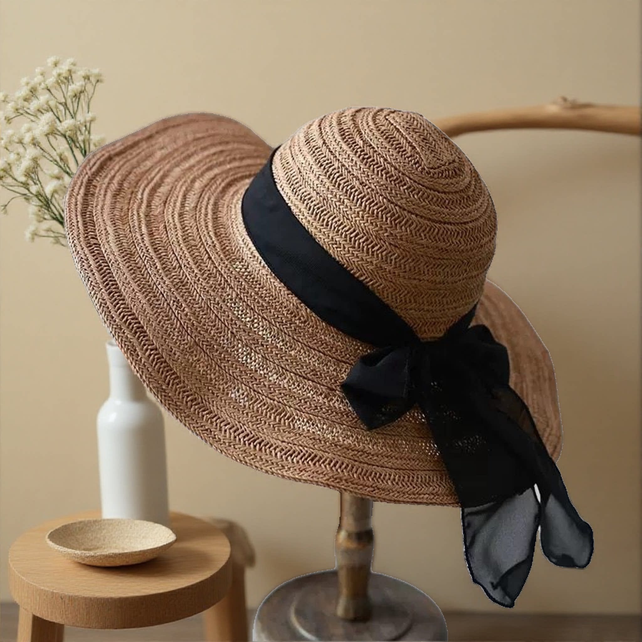 日本Rosex西海岸风大檐蝴蝶结遮阳帽海边度假防晒草编折叠沙滩帽