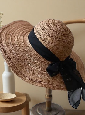 日本Rosex西海岸风大檐蝴蝶结遮阳帽海边度假防晒草编折叠沙滩帽