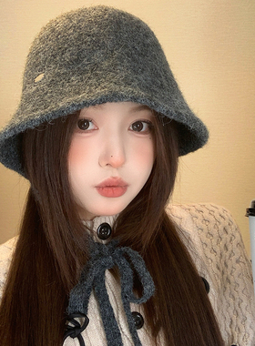 日本RX大头围灰色针织渔夫帽女秋冬加厚保暖水桶帽子显脸小盆帽