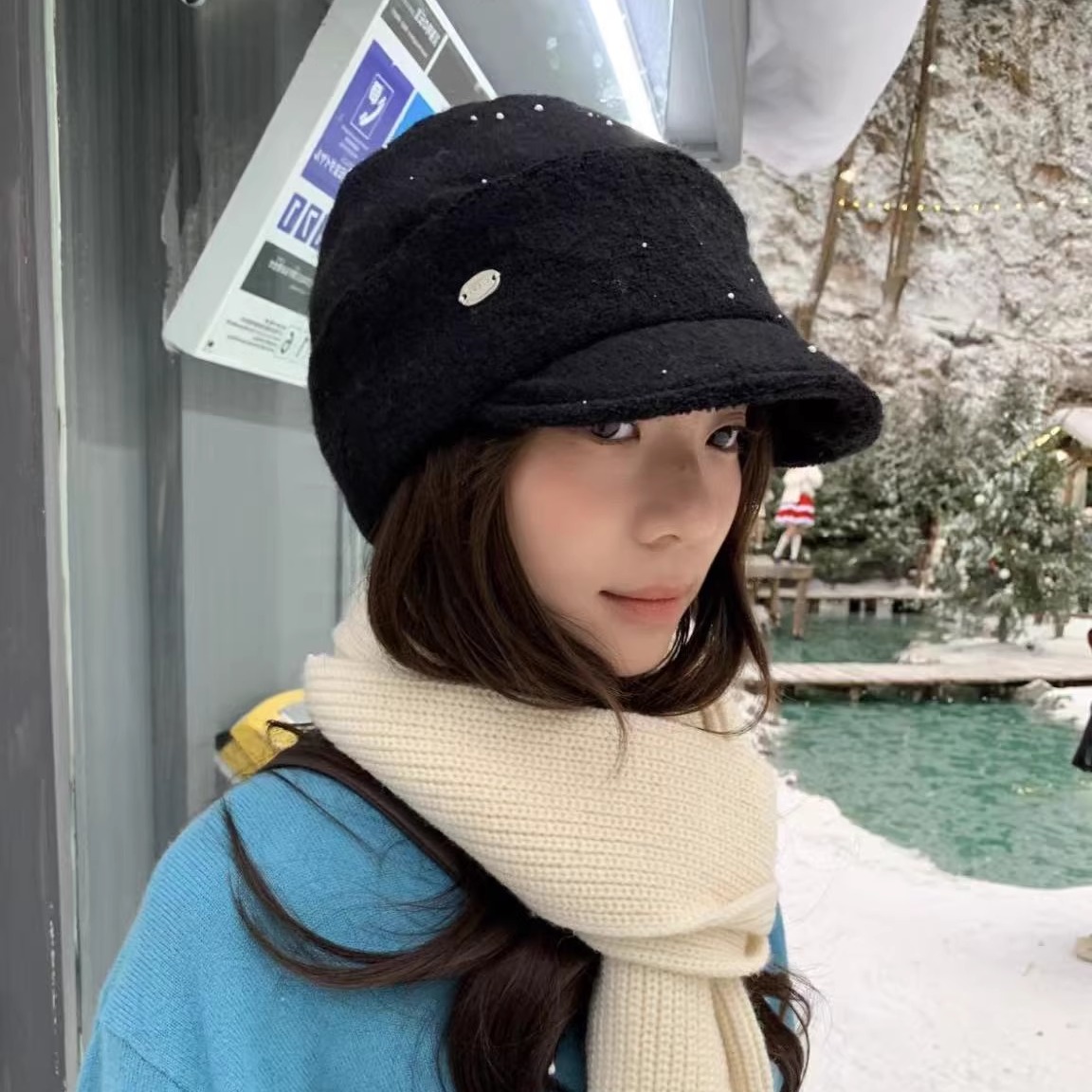 日本RX小众设计褶皱金属标包头帽子冬保暖毛呢八角马术帽堆堆帽