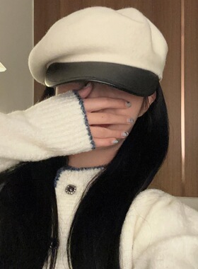 日本RX毛呢拼接八角帽子女皮质贝雷百搭画家帽秋冬大头围鸭舌帽潮