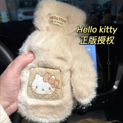 ins高颜值可爱KT毛绒手套女冬加绒加厚保暖连指挂脖成人骑车防寒