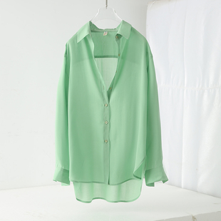 绿色显白长袖 天丝褶皱防晒衬衫 设计感小众薄款 新款 衬衣 女2024夏季