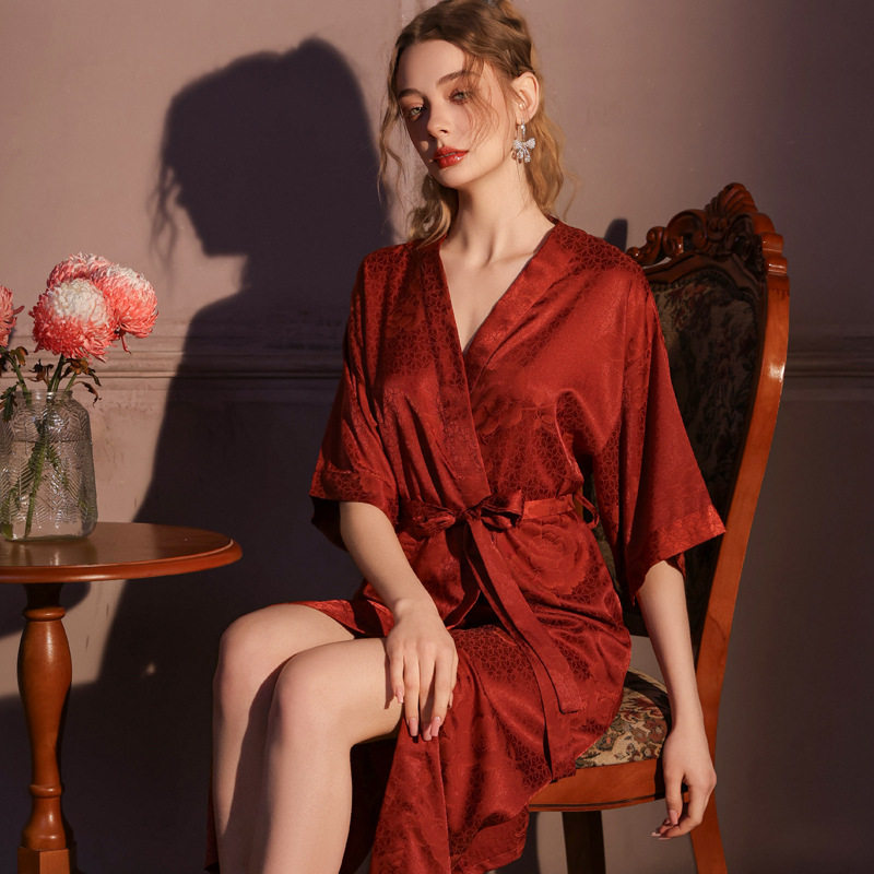 100%桑蚕丝素绉缎真丝睡袍丝滑性感气质浴袍晨袍女提花宽松高级感