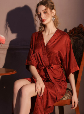 100%桑蚕丝素绉缎真丝睡袍丝滑性感气质浴袍晨袍女提花宽松高级感