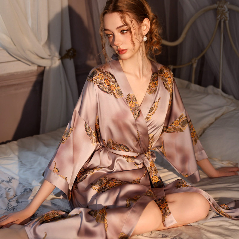 2026年新款睡袍女春秋长款桑蚕丝薄款浴袍真丝印花睡衣夏季腰带款