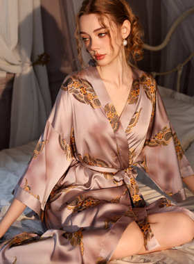 2026年新款睡袍女春秋长款桑蚕丝薄款浴袍真丝印花睡衣夏季腰带款