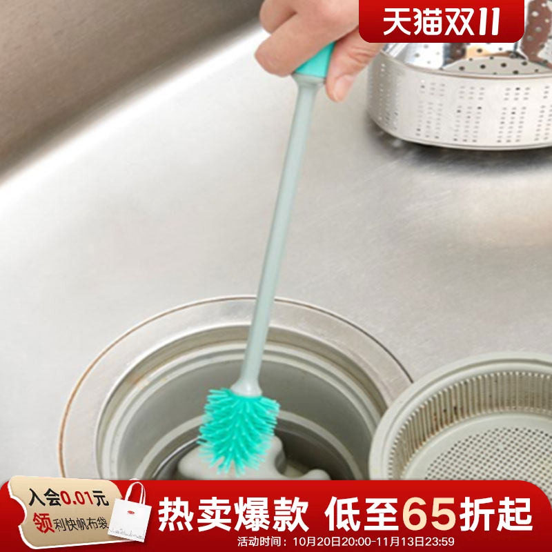 利快日本进口排水管清理污垢下水道清洁刷子硅胶刷长手柄3支装
