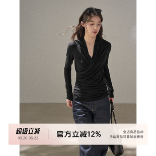 FUTURE BEATS 韩系黑色气质V领交叉褶皱纯欲收腰百搭长袖T恤上衣