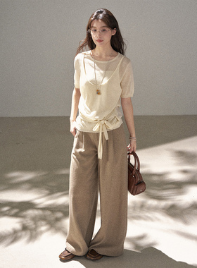 FUTURE BEATS 复古假两件系带针织短袖薄款含羊毛层次感百搭内搭