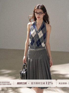 菱形格薄款挂脖针织背心