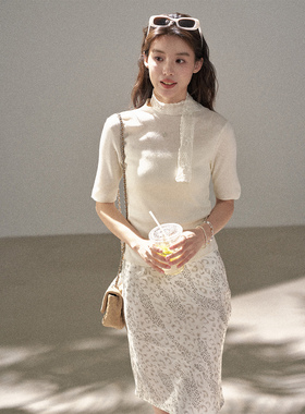 FUTURE BEATS 气质通勤中领掐腰针织半袖上衣修身显瘦含羊毛内搭