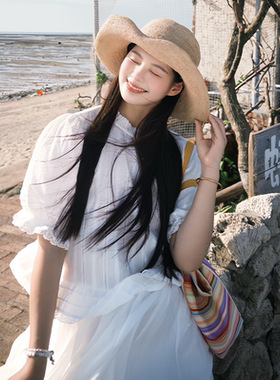 FB白色刺绣蕾丝圆领花边泡泡袖短款短袖小衫