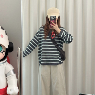 FB羊毛混纺miu系复古撞色条纹毛衣打底T恤