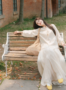 FB锦绣复古白色衬衫女设计感小众棉麻系带刺绣圆领衬衣