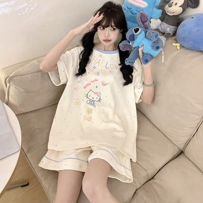 100%纯棉女款夏季睡衣短袖两件套