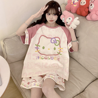 100%纯棉少女款睡衣夏季短袖套装