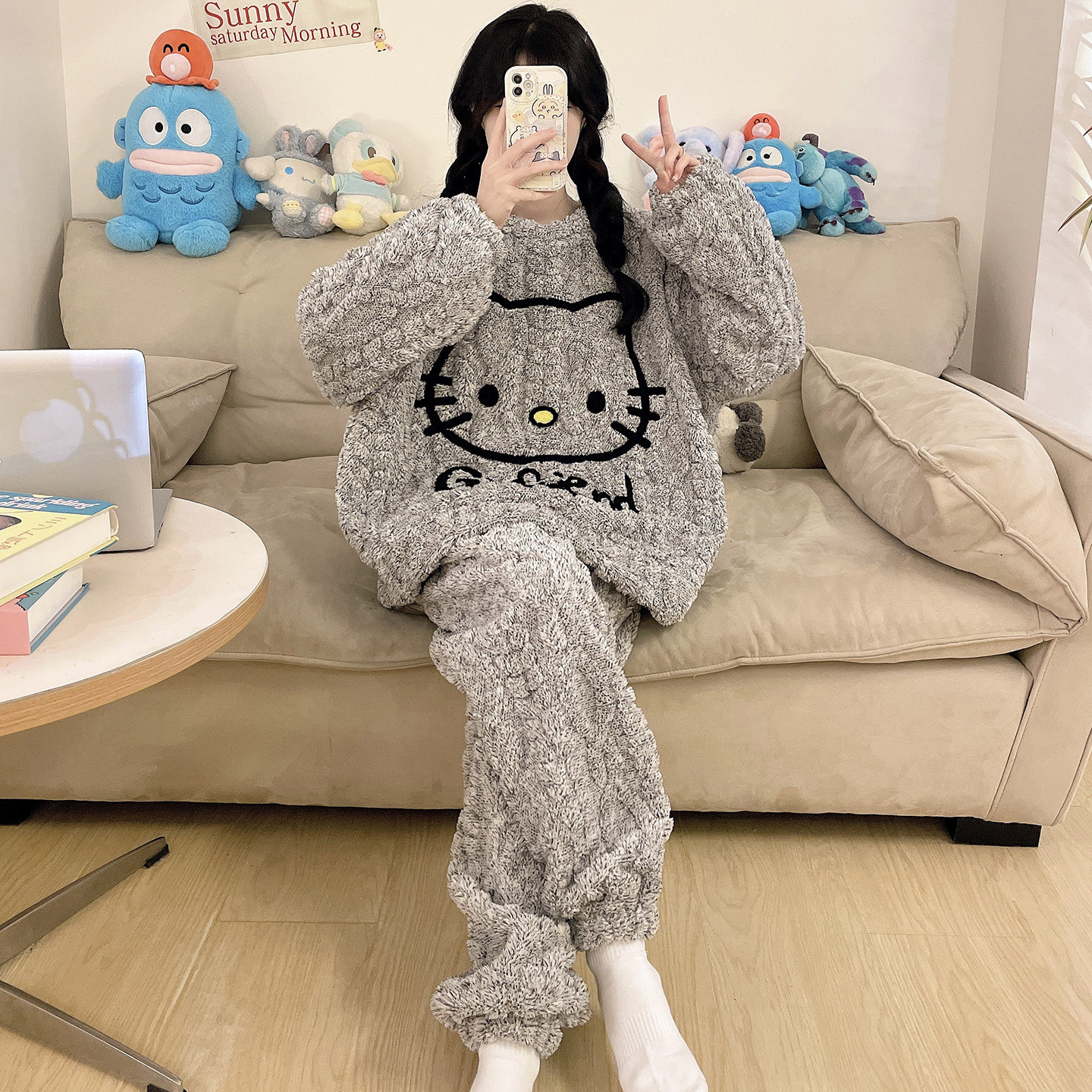 珊瑚绒睡衣女款秋冬季加绒加厚大码少女卡通可爱学生200斤家居服