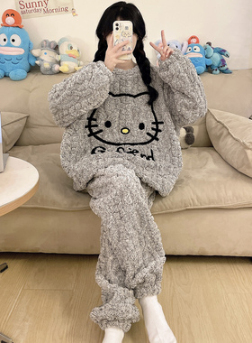 珊瑚绒睡衣女款秋冬季加绒加厚大码少女可爱hellokitty学生家居服