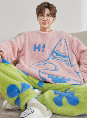 加绒加厚蓄热保暖男生家居服套装