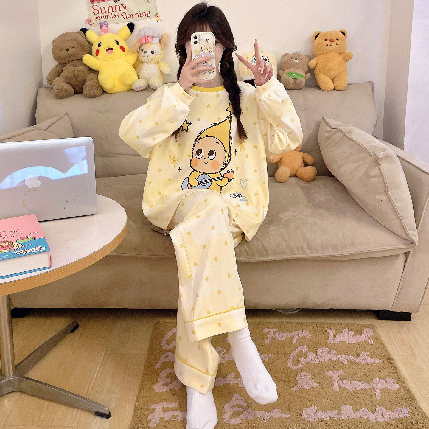 春秋季睡衣女款纯棉长袖青少年学生可爱少女秋款加大码胖mm家居服