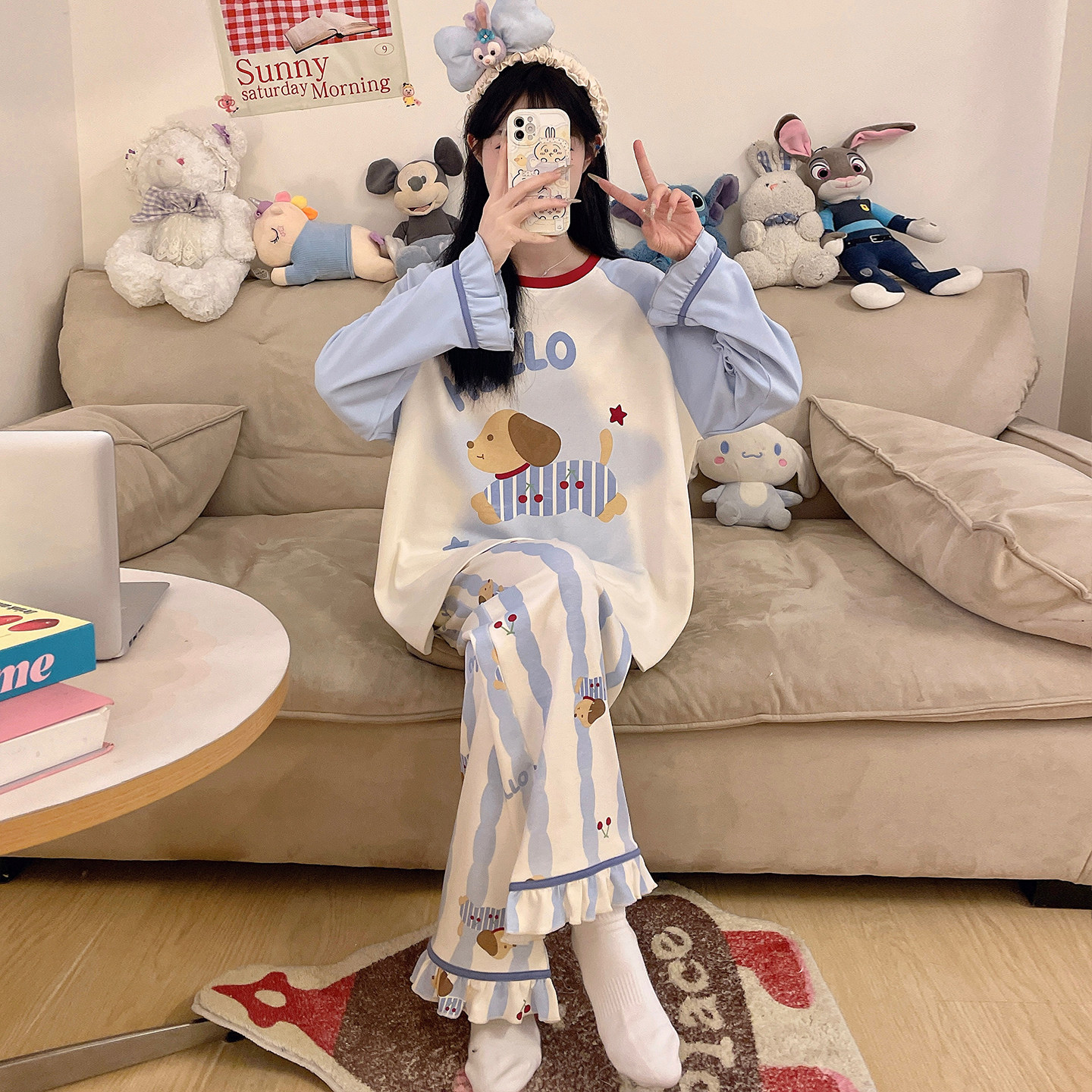 带胸垫睡衣女款秋季纯棉长袖初中学生少女加大码胖mm200斤家居服