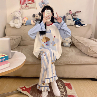 初中学生少女加大码 纯棉长袖 胖mm200斤家居服 秋季 带胸垫睡衣女款