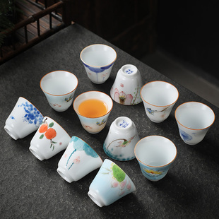 中式陶瓷品茗杯青瓷单杯茶碗家用手绘茶杯景德镇纯手工茶盏主人杯