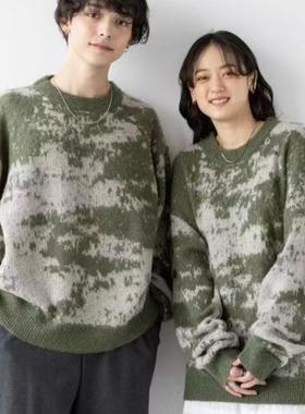 男女同款宽松版图案圆领莫海尔毛衣13253 提花套头针织衫情侣装