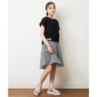 春季新款纯棉宽松拼接文艺女童女装假两件格子T恤连衣裙过膝长裙