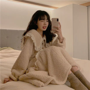 秋冬睡衣睡裙女学生宿舍保暖可爱ins加绒加厚珊瑚绒长款 过膝翻领