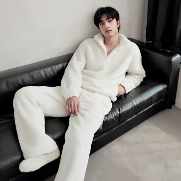 简约立领仿羊羔绒睡衣套装男珊瑚绒加绒加厚保暖宽松秋冬可外穿