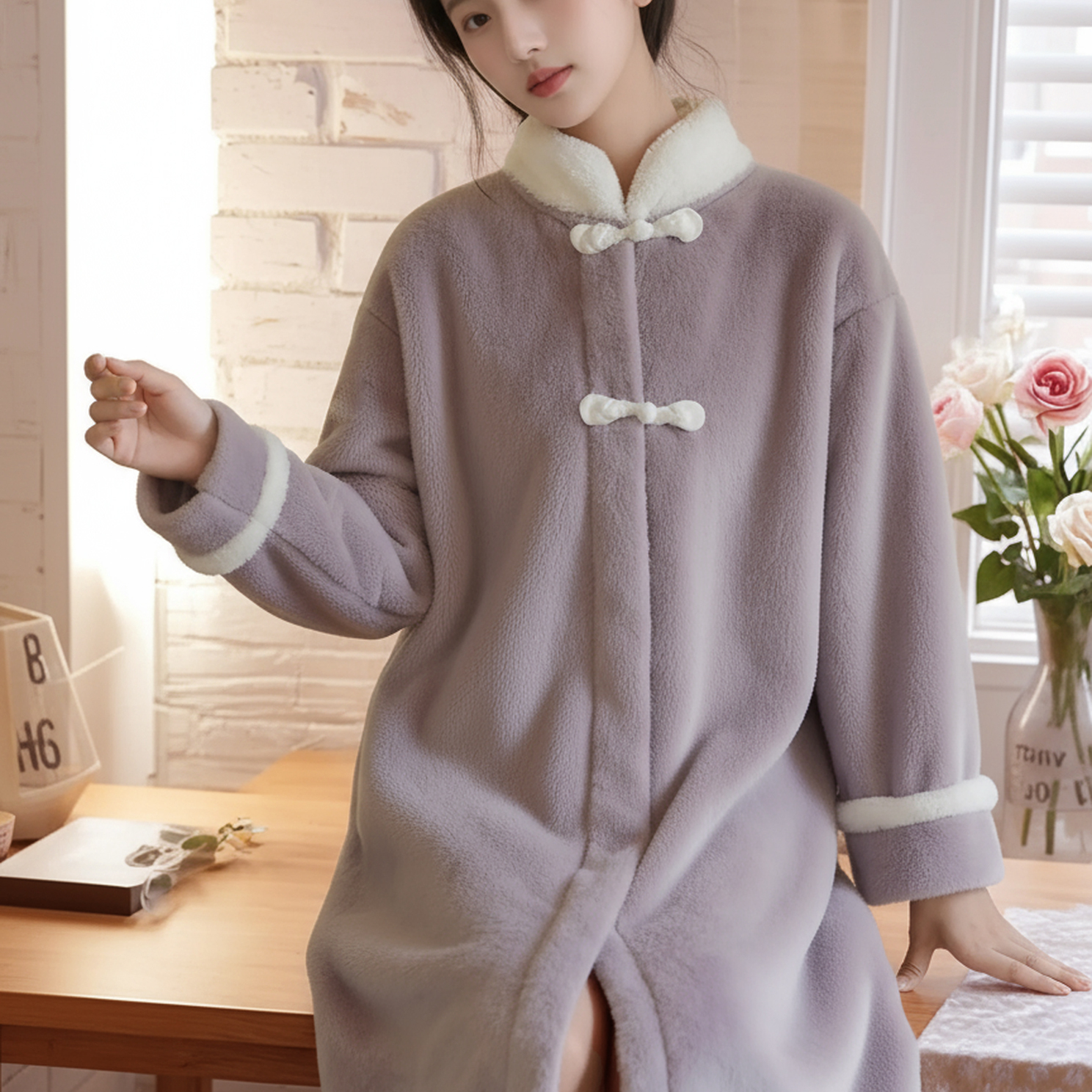 中国风新中式汉服睡袍法兰绒加绒加厚宽松长款睡衣女可外穿保暖冬