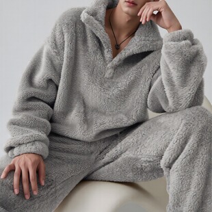 简约仿羊羔毛睡衣套装冬加厚保暖珊瑚绒家居服两件套高级感可外穿