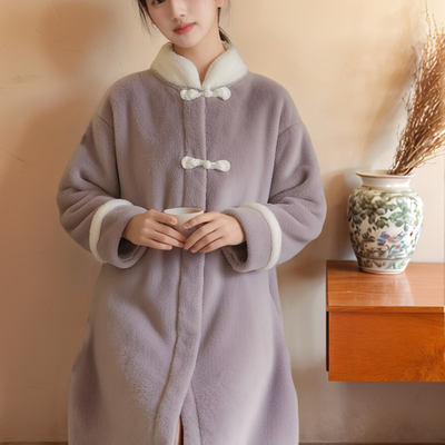 中国风新中式汉服睡袍法兰绒加绒加厚宽松长款睡衣女可外穿保暖冬